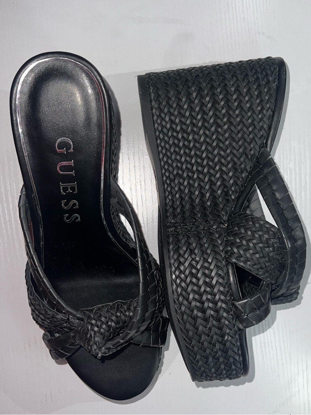 GUESS Black Eveh Knotted Jute Wrapped Platform Wedge Sandals